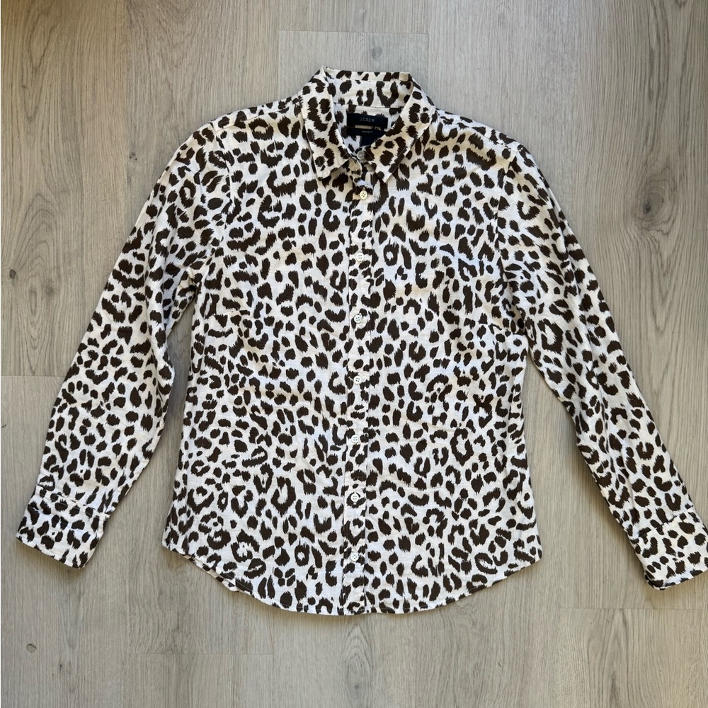 J. Crew Womens Perfect Leopard Print Button-Up Long Sleeve Linen Shirt 4 Petite